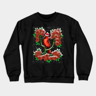 Red Cardinal bird in rose flowers  snow winter Christmas Crewneck Sweatshirt